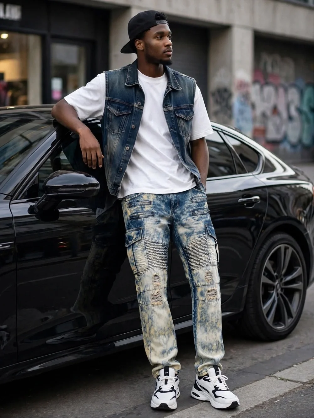 Men's  Lion Dynasty Distressed Acid-Wash Blue Jeans Slim Fit Unisex